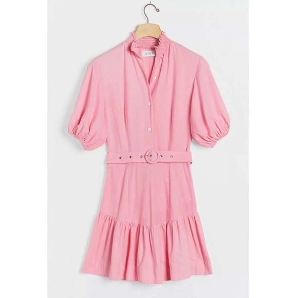 Anthropologie S/W/F Violetta Linen Belted Mini Pink Shirtdress Dress - Picture 3 of 12